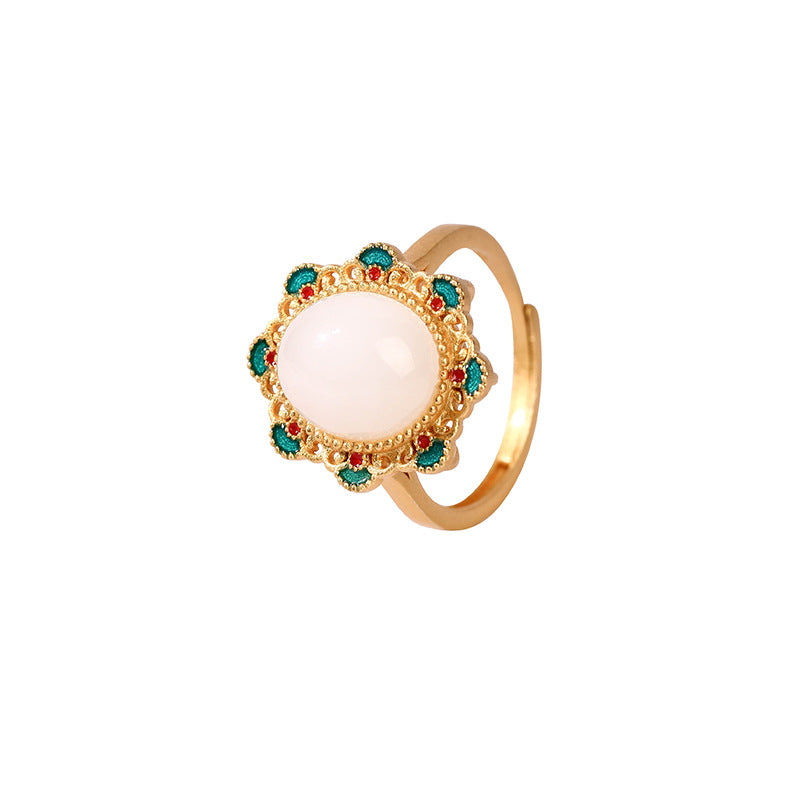 Ancient Gilding Craft Enamel Painted Flower Jade Ring