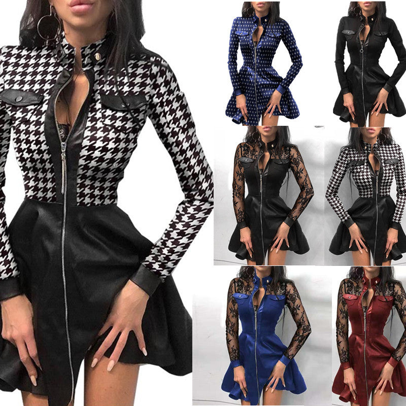 Long Sleeve V-neck Zipper Pu Pocket Dress Women&