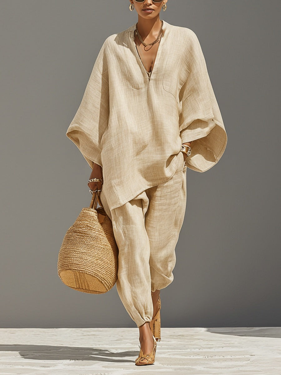 Casual Relaxed Loose-Fitting Solid-Color Shirt Set