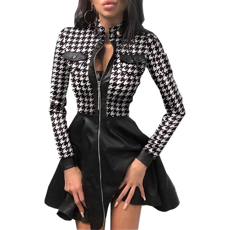 Long Sleeve V-neck Zipper Pu Pocket Dress Women&