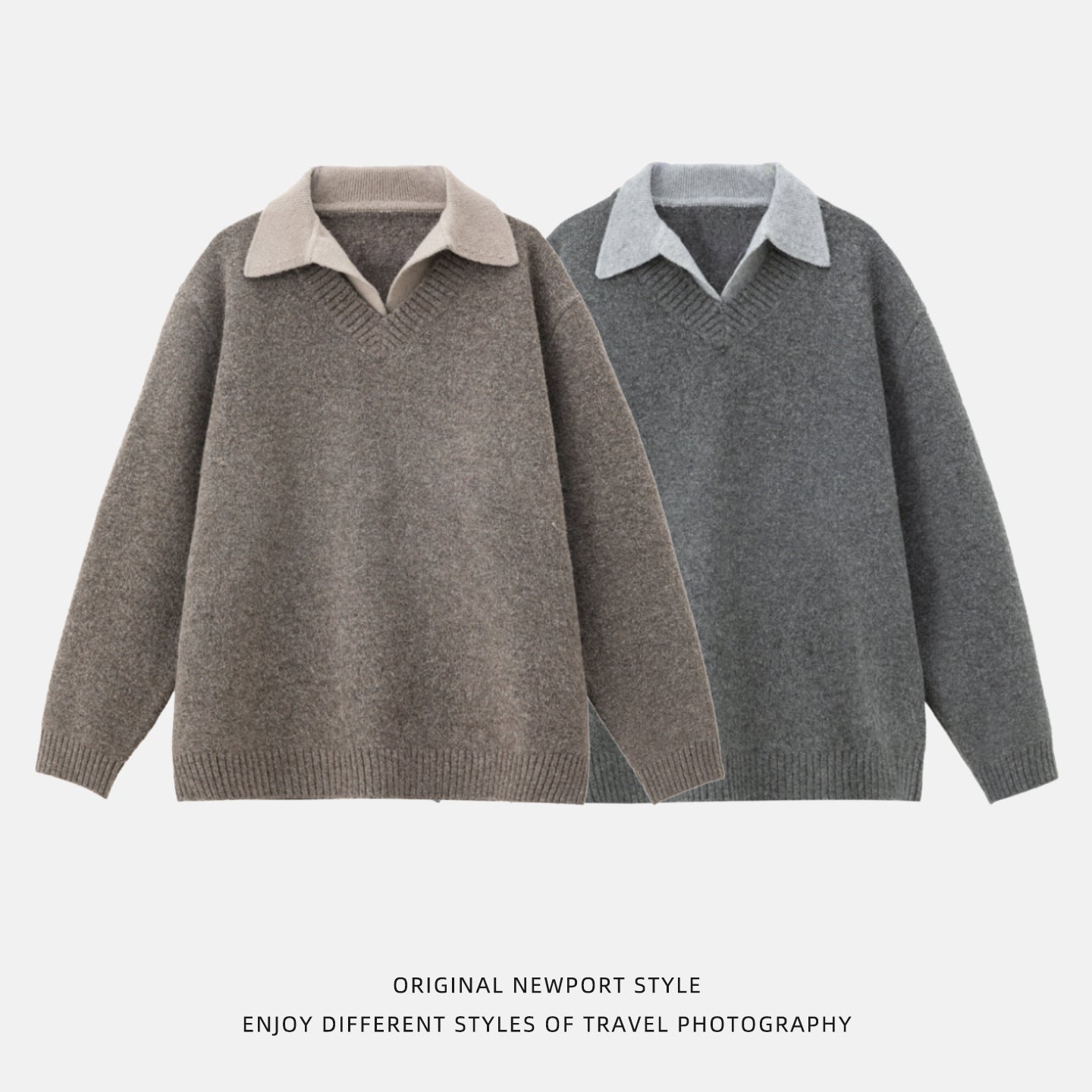 Old-money-style Faux Two-piece V-neck Polo Knit Sweater Jacket