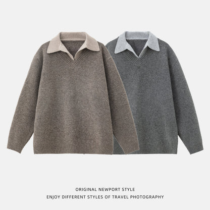 Old-money-style Faux Two-piece V-neck Polo Knit Sweater Jacket
