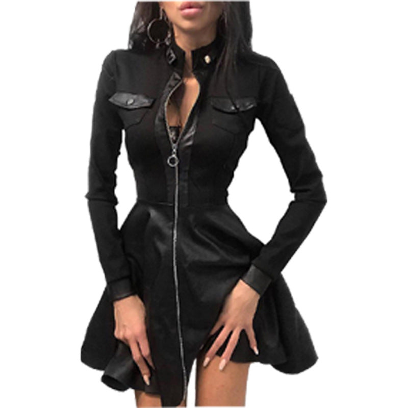 Long Sleeve V-neck Zipper Pu Pocket Dress Women&