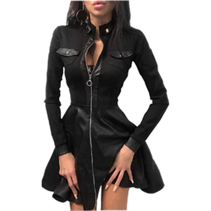 Long Sleeve V-neck Zipper Pu Pocket Dress Women&