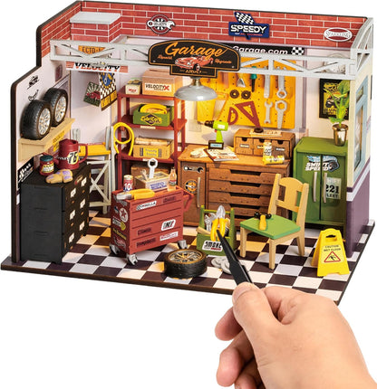 ROBOTIME DIY Miniature House Kit Garage Workshop With Light, Wooden Dollhouse Model Building Kit For Adults And Children, Holiday Birthday Gifts For Boys Girls DG165