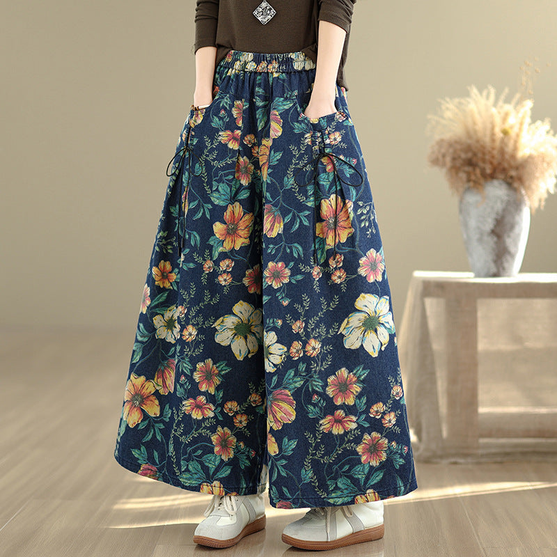 Retro Floral Print Versatile Fashionable Wide-leg Jeans