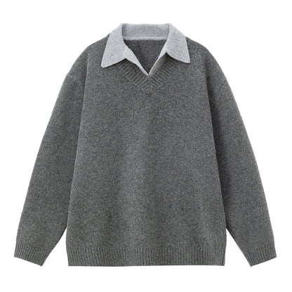 Old-money-style Faux Two-piece V-neck Polo Knit Sweater Jacket
