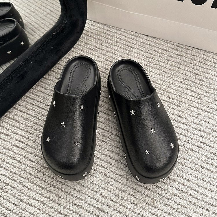 2026 New Spring Summer Women Closed Toe Half Slippers, Minimalist Design Metal Star Decor Platform Height Increasing Birken Style Comfort Outdoor Slides