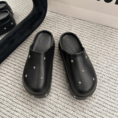 2026 New Spring Summer Women Closed Toe Half Slippers, Minimalist Design Metal Star Decor Platform Height Increasing Birken Style Comfort Outdoor Slides