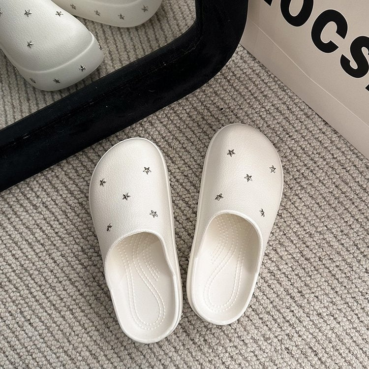 2026 New Spring Summer Women Closed Toe Half Slippers, Minimalist Design Metal Star Decor Platform Height Increasing Birken Style Comfort Outdoor Slides