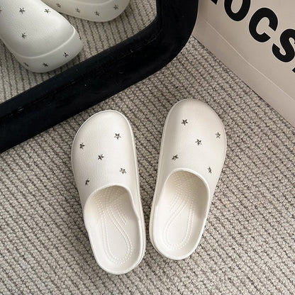 2026 New Spring Summer Women Closed Toe Half Slippers, Minimalist Design Metal Star Decor Platform Height Increasing Birken Style Comfort Outdoor Slides