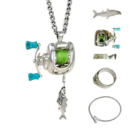 Luxury Fishing Reel Necklace Rotatable Detachable Fishing Reel Ring Exquisite Silver Men Neck Pendant Versatile Jewelry