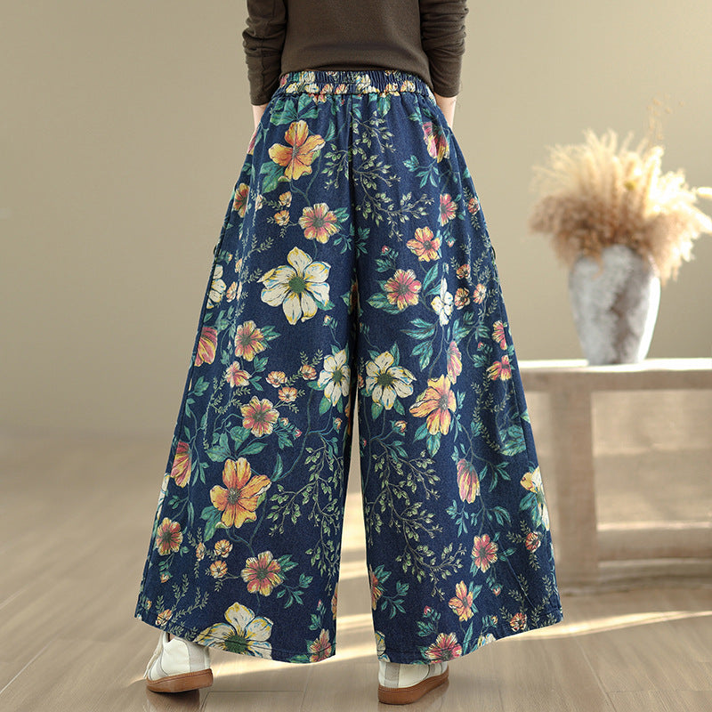 Retro Floral Print Versatile Fashionable Wide-leg Jeans