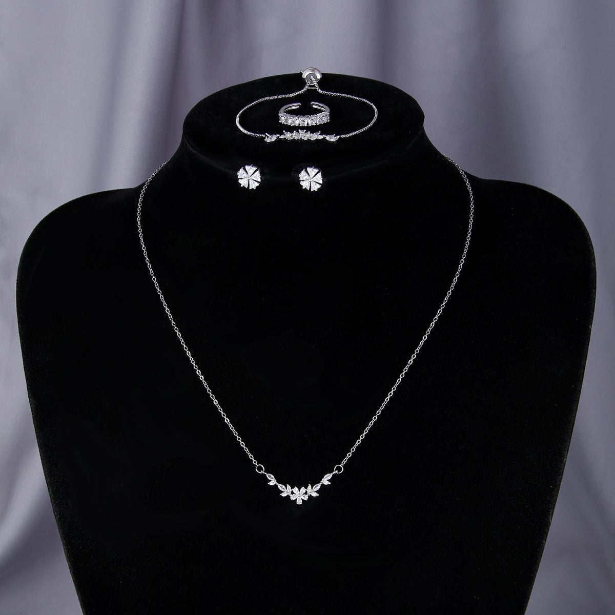 Simple Elegant Zircon Inlaid Jewelry Set Silver Flower Necklace Exquisite Earrings Bracelet Ring Suitable For Women&