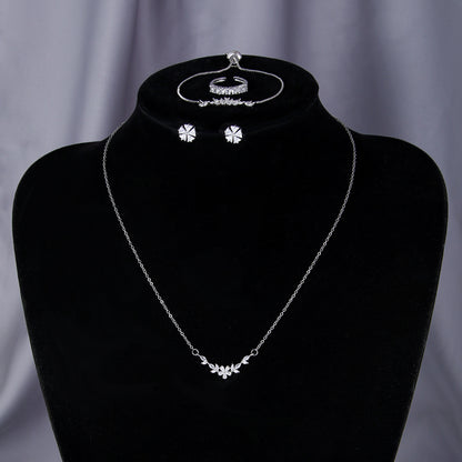 Simple Elegant Zircon Inlaid Jewelry Set Silver Flower Necklace Exquisite Earrings Bracelet Ring Suitable For Women&
