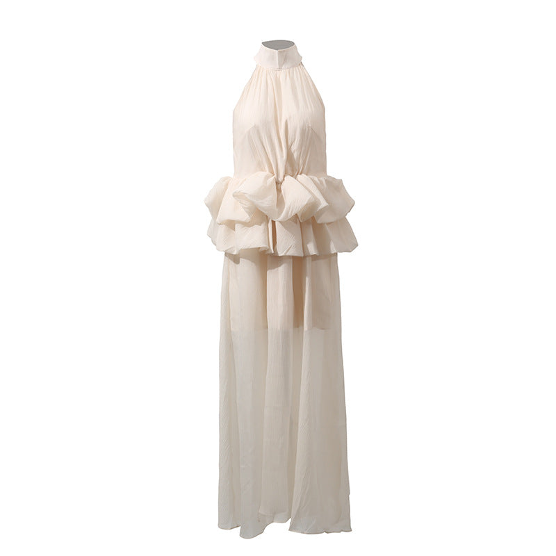 Long Ruffled Dress Sleeveless Stand Collar Solid Color Dress