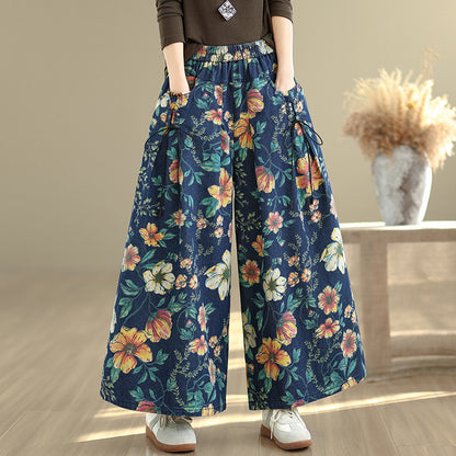 Retro Floral Print Versatile Fashionable Wide-leg Jeans