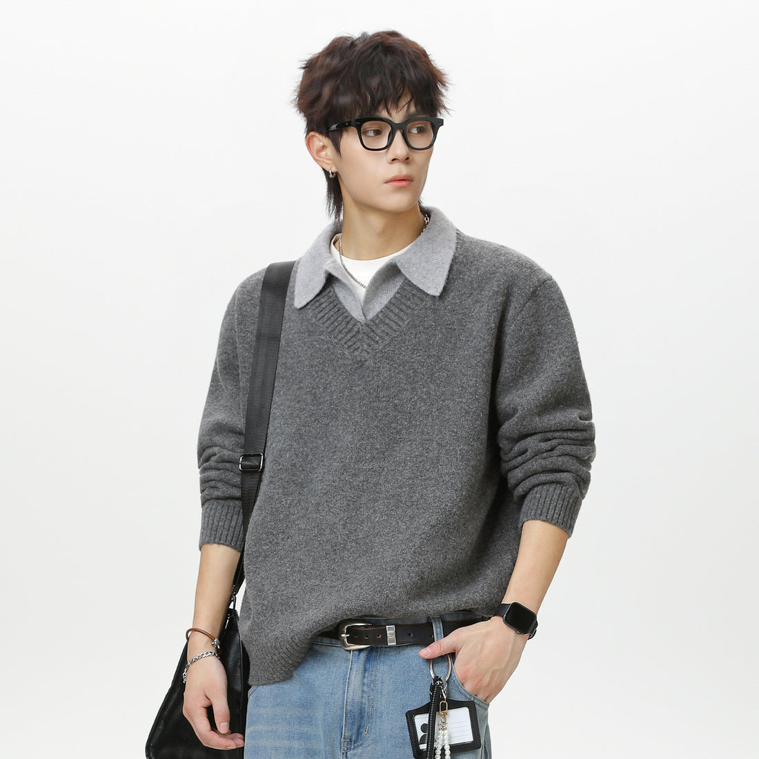 Old-money-style Faux Two-piece V-neck Polo Knit Sweater Jacket