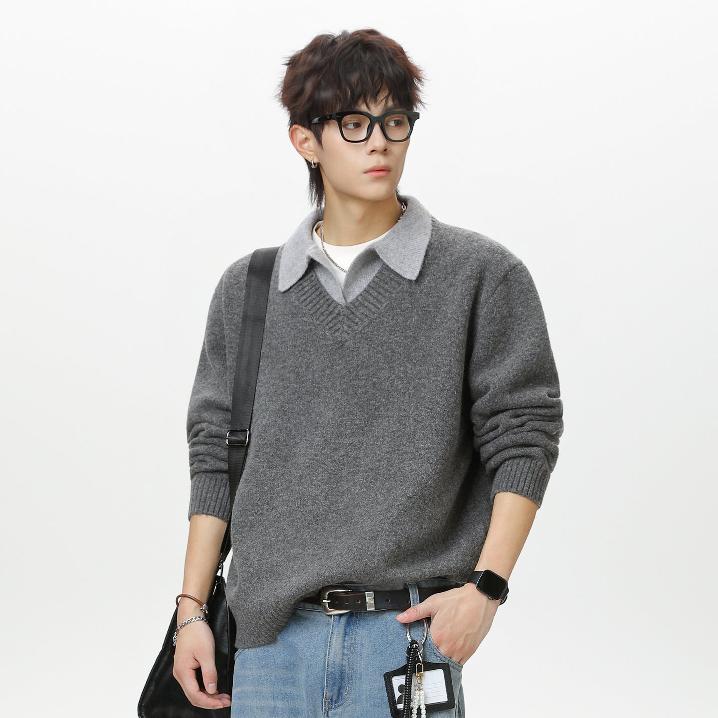 Old-money-style Faux Two-piece V-neck Polo Knit Sweater Jacket