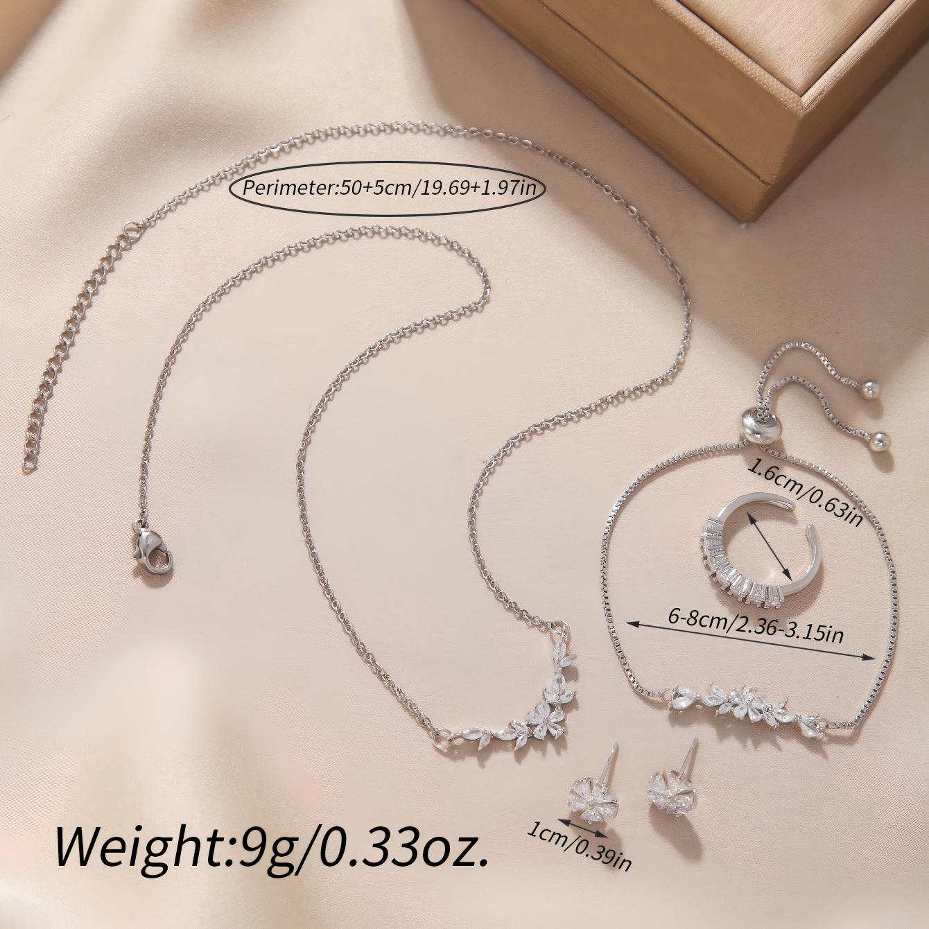 Simple Elegant Zircon Inlaid Jewelry Set Silver Flower Necklace Exquisite Earrings Bracelet Ring Suitable For Women&