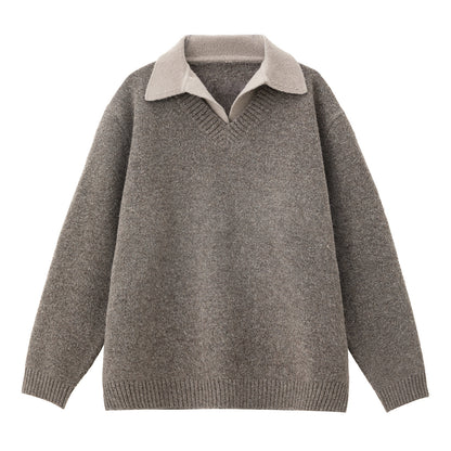 Old-money-style Faux Two-piece V-neck Polo Knit Sweater Jacket