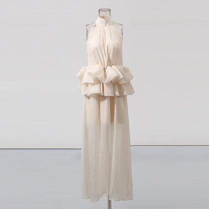 Long Ruffled Dress Sleeveless Stand Collar Solid Color Dress