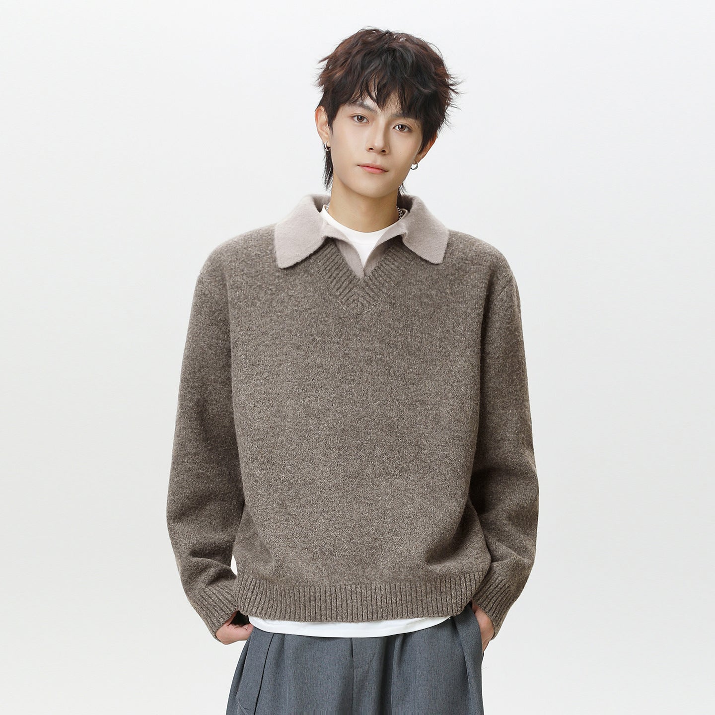 Old-money-style Faux Two-piece V-neck Polo Knit Sweater Jacket
