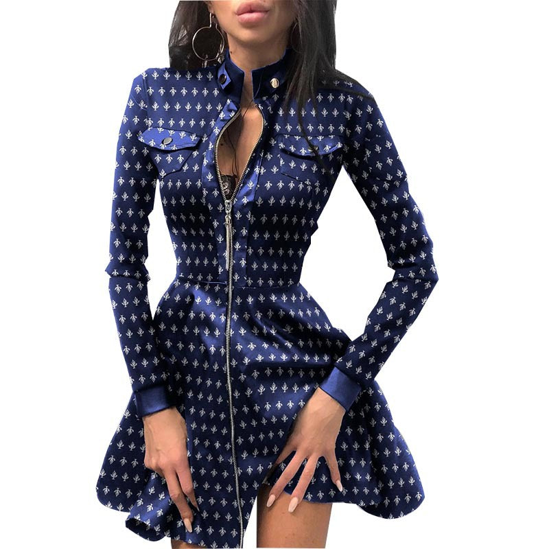 Long Sleeve V-neck Zipper Pu Pocket Dress Women&