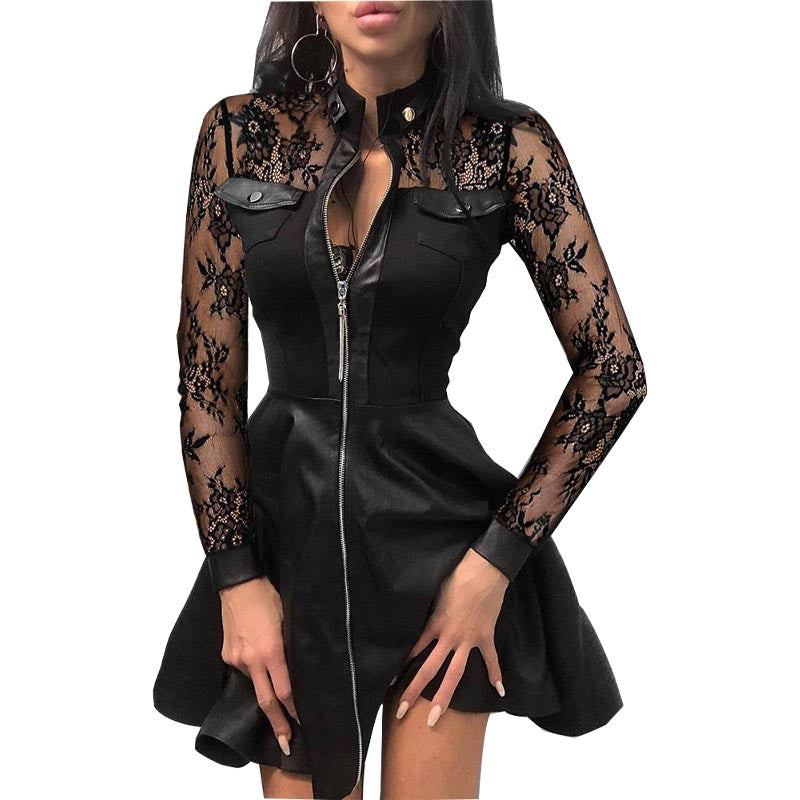 Long Sleeve V-neck Zipper Pu Pocket Dress Women&
