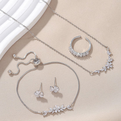 Simple Elegant Zircon Inlaid Jewelry Set Silver Flower Necklace Exquisite Earrings Bracelet Ring Suitable For Women&