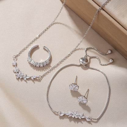 Simple Elegant Zircon Inlaid Jewelry Set Silver Flower Necklace Exquisite Earrings Bracelet Ring Suitable For Women&