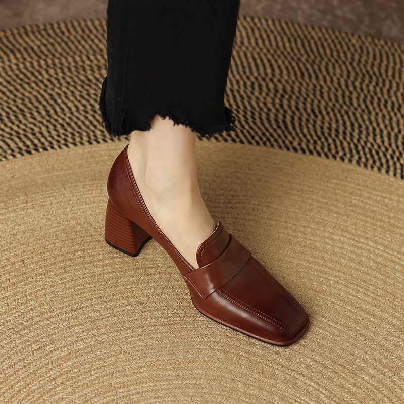 Retro Brown Chunky-Heel Pumps Women&