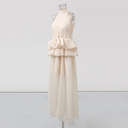 Long Ruffled Dress Sleeveless Stand Collar Solid Color Dress