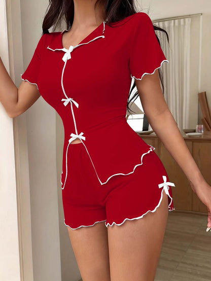 Bow-knot Sexy Stretchy Short-Sleeve Shorts Set