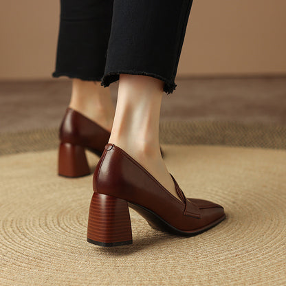 Retro Brown Chunky-Heel Pumps Women&