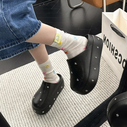 2026 New Spring Summer Women Closed Toe Half Slippers, Minimalist Design Metal Star Decor Platform Height Increasing Birken Style Comfort Outdoor Slides