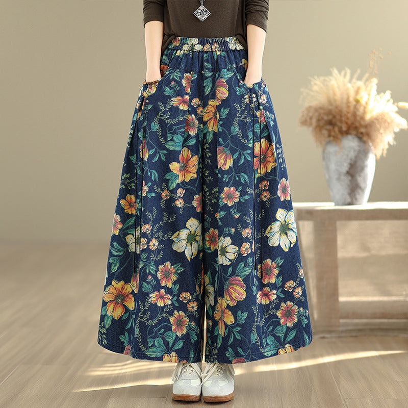 Retro Floral Print Versatile Fashionable Wide-leg Jeans