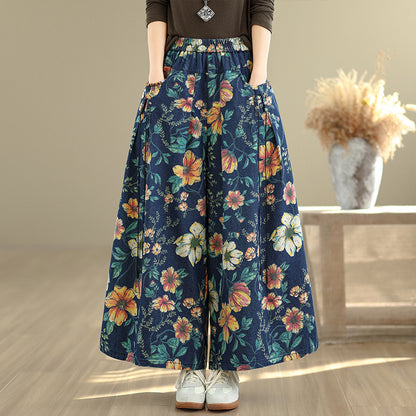 Retro Floral Print Versatile Fashionable Wide-leg Jeans