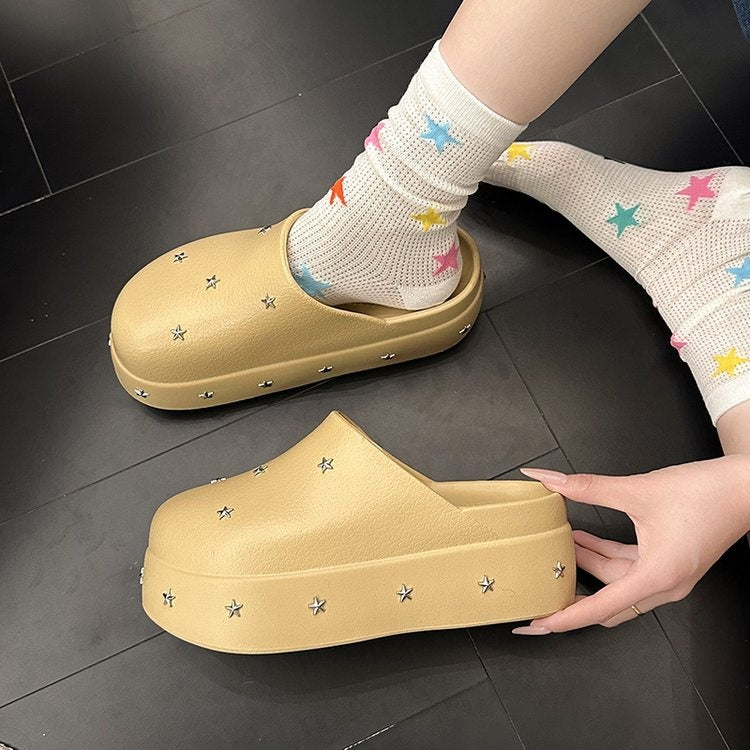 2026 New Spring Summer Women Closed Toe Half Slippers, Minimalist Design Metal Star Decor Platform Height Increasing Birken Style Comfort Outdoor Slides