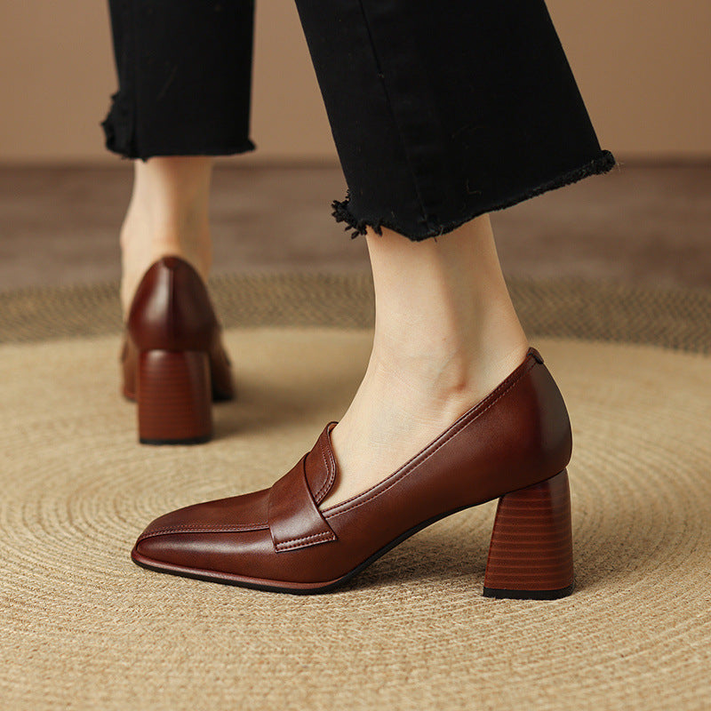 Retro Brown Chunky-Heel Pumps Women&