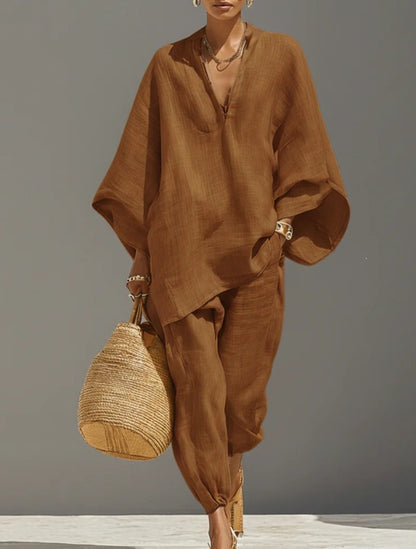 Casual Relaxed Loose-Fitting Solid-Color Shirt Set