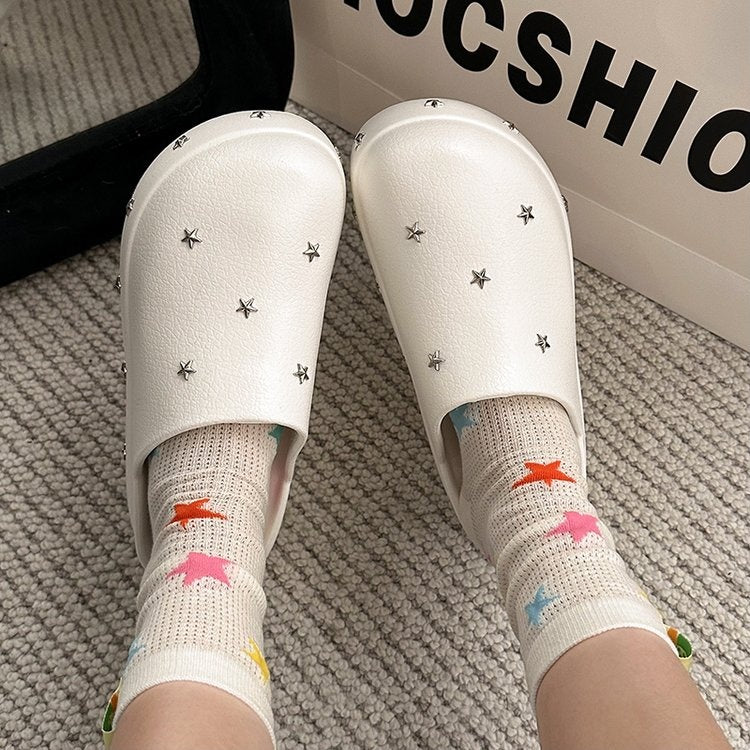 2026 New Spring Summer Women Closed Toe Half Slippers, Minimalist Design Metal Star Decor Platform Height Increasing Birken Style Comfort Outdoor Slides