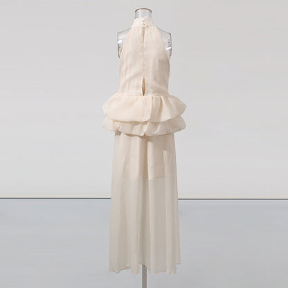 Long Ruffled Dress Sleeveless Stand Collar Solid Color Dress